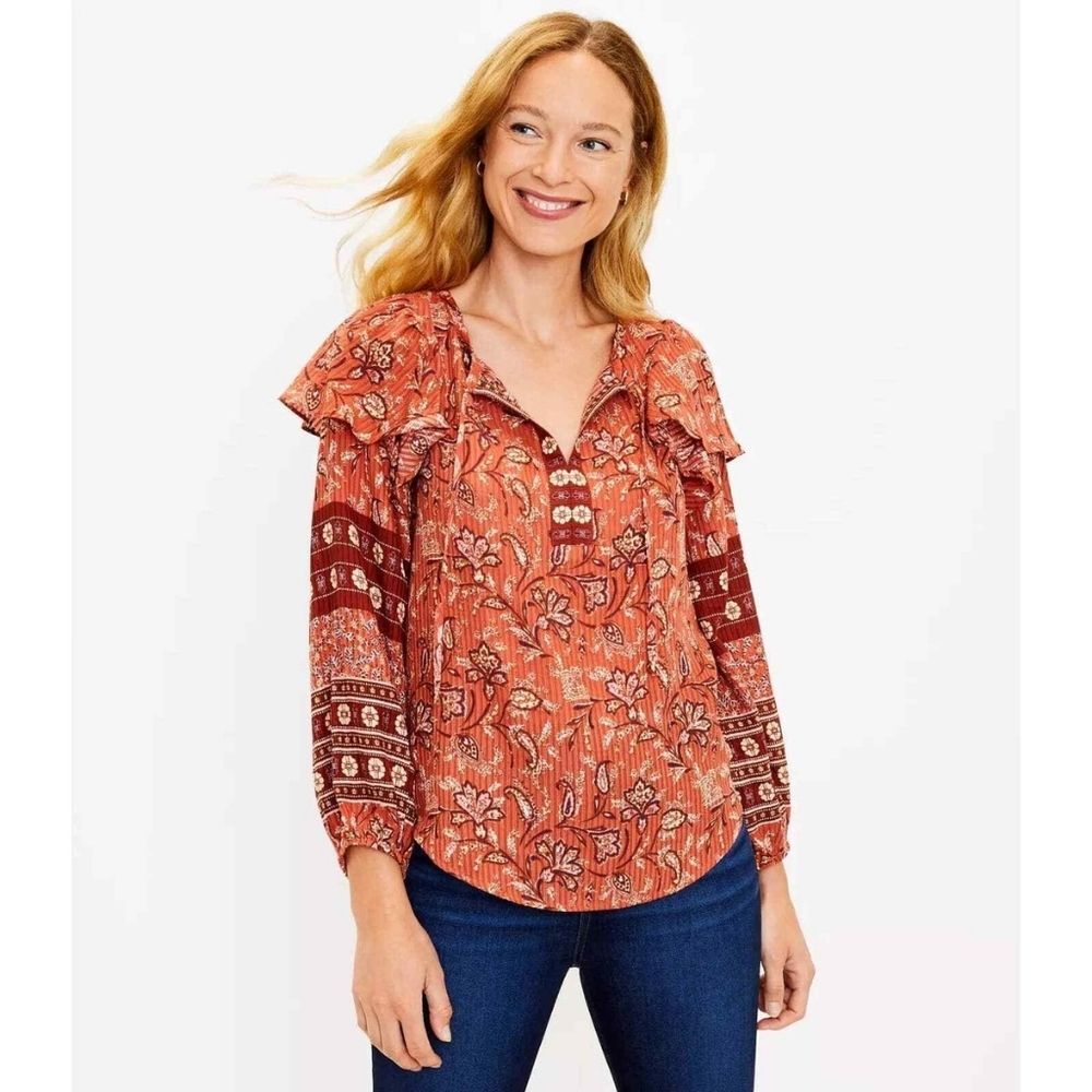 {LOFT} Bouquet Ruffle Tie Neck Blouse Auburn - Size XL